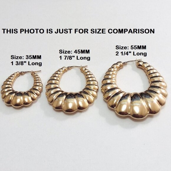 1 3/8" Long Shrimp Hoop Pierced Post Earrings Gold Tone Vintage Oval Scalloped - Picture 4 of 5